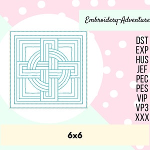 May include: A teal blue Celtic knot design embroidery pattern in a square shape. The pattern is 6x6 inches and is available in DST, EXP, HUS, JEF, PEC, PES, VIP, VP3, and XXX formats.