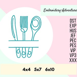 May include: A turquoise blue outline of a knife, fork, and spoon with a blank space for text. The design is in a circle on a pink and light green background. The text "Embroidery-Adventures" is in the upper right corner. The text "DST EXP HUS JEF PEC PES VIP VP3 XXX" is in the upper right corner. The text "4x4 5x7 6x10" is in the lower center.