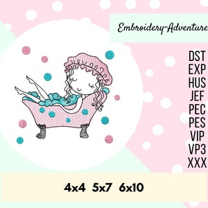 May include: Embroidered design of a girl in a pink shower cap taking a bath in a pink bathtub with blue bubbles. The design is available in 4x4, 5x7, and 6x10 inch sizes. Embroidery-Adventures is printed at the top of the image.