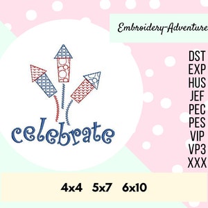 Celebrate Patriotic Sketch Embroidery Design with Fireworks Multiple Sizes 4th of July, Independence Day Machine Embroidery Design