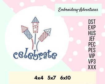 Celebrate Patriotic Sketch Embroidery Design with Fireworks Multiple Sizes 4th of July, Independence Day Machine Embroidery Design