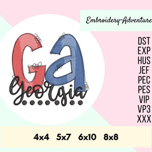 May include: Embroidered design of the letters "GA" in red and blue with the word "Georgia" in black script underneath. The design is available in four sizes: 4x4, 5x7, 6x10, and 8x8 inches. Embroidery file formats include DST, EXP, HUS, JEF, PEC, PES, VIP, VP3, and XXX.