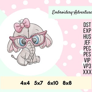May include: An embroidered design of a gray elephant wearing pink glasses and a pink bow. The elephant has large blue eyes and is sitting down. The text "Embroidery-Adventures" is above the elephant. Below the elephant are the sizes 4x4, 5x7, 6x10, and 8x8.