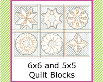 In The Hoop Trapunto Quilt Blocks, Set of 6  Machine Embroidery Designs 5x5,  6x6, Feather Wreath, Dresden Plates, Castle Wall, Hunters Star