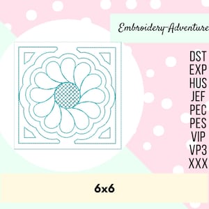 Pode incluir: Um desenho de bordado azul turquesa de uma flor com 12 pétalas, rodeado por uma moldura quadrada. O desenho mede 15,24 cm por 15,24 cm. O texto "Embroidery-Adventures" e uma lista de formatos de arquivo são mostrados no lado direito da imagem.