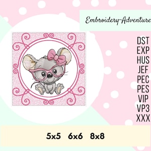 Mouse Wearing Glasses Quilt Block Sketch Machine Embroidery Design.  Multiple Sizes