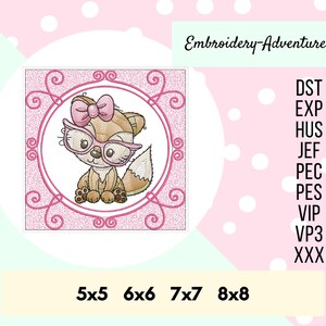 May include: Embroidered design of a fox wearing pink glasses and a bow, in a pink circle with a pink swirl border. The design is available in 5x5, 6x6, 7x7, and 8x8 sizes.  The embroidery file formats include DST, EXP, HUS, JEF, PEC, PES, VIP, VP3, and XXX.