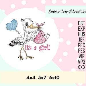 It's a Girl Stork Embroidery Design for Baby Bibs, Blankets, Bodysuits and more Baby Announcement