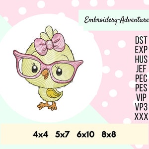 May include: Embroidery design of a yellow chick wearing pink glasses and a pink bow. The design is available in four sizes: 4x4, 5x7, 6x10, and 8x8 inches. The design is available in the following formats: DST, EXP, HUS, JEF, PEC, PES, VIP, VP3, and XXX.