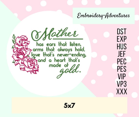 Mother Heart of Gold Quote with Sketch Roses Machine Embroidery Design 5x7 Mother's Day Poem