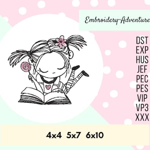 Mädchen, das ein Buch liest, Stickdatei.  Mehrere Größen, Perfekt für Lesekissen oder Buchtaschen