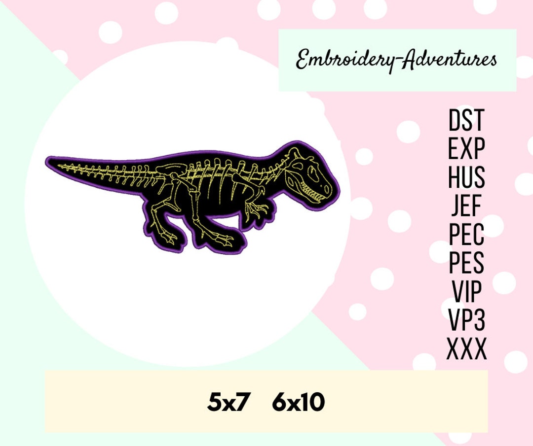 Tyrannosaurus Rex Dinosaur Skeleton Applique Machine Embroidery Design ...