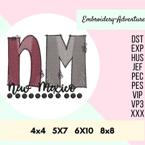 May include: Embroidered design of the letters "NM" with the words "New Mexico" underneath. The letters are in red and gray with a distressed look. The design is available in four sizes: 4x4, 5x7, 6x10, and 8x8 inches.