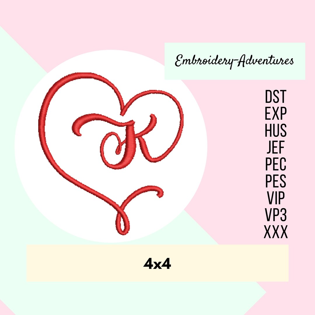 Monogram Heart Letter K Embroidery Design Etsy