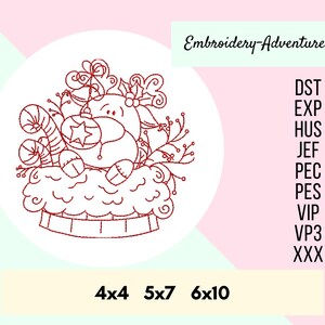 May include: Red embroidered design of a reindeer in a basket with candy canes and holly. The design is in a circle with the text "Embroidery-Adventures" and "4x4 5x7 6x10" below. The design is available in the following formats: DST, EXP, HUS, JEF, PEC, PES, VIP, VP3, XXX.
