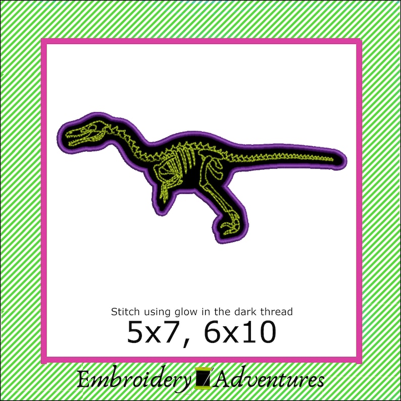 Velociraptor Dinosaur Skeleton Applique Machine Embroidery Design 5x7 and 6x10