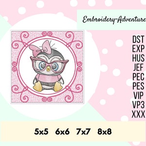 May include: Embroidered design of a cartoon penguin wearing pink glasses and a pink bow. The penguin is sitting inside a pink circle with a decorative border. The design is available in five sizes: 5x5, 6x6, 7x7, and 8x8.