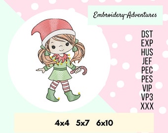 Christmas Elf Girl with Candy Cane Sketch Machine Embroidery Design.  Multiple Sizes,  Quick Stitch