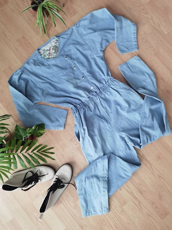 80s Denim Jumpsuit Medium Buttons Pocket 90s Vintage Jumper TALL