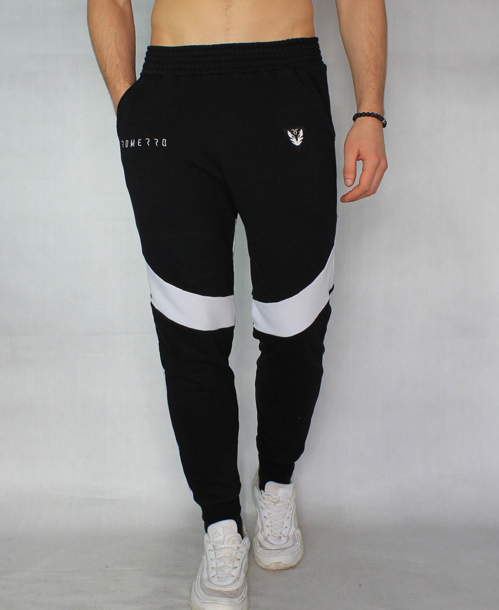 black joggers with white drawstring