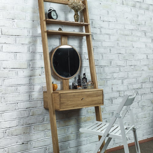 oak leaning ladder mini dressing table Alaina Wood Leaning Ladder Vanity Set with Upholstered Stool & Storage