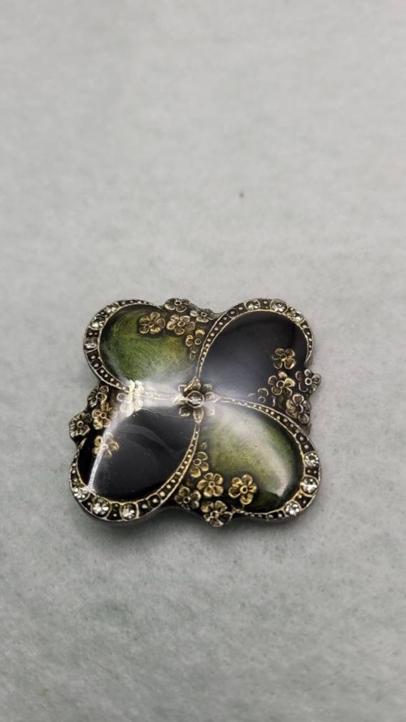 Black/ Green Enamel, Handmade, Floral Pin or Brooc