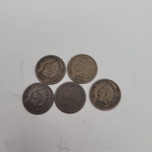 Lot of Five, Antique, Assorted Dates, US Indian Head Pennies/ Cents.