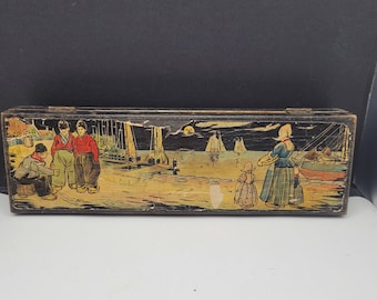 Dutch Indies Scene, Antique, Wooden Pencil Box.