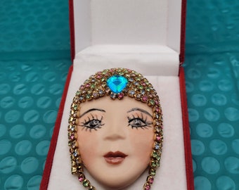 Handmade, Handpainted, Flapper Girl Face Brooch/ Pin