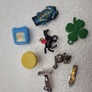 Lot of Eight (8), Vintage/ Antique Cracker Jack Charms/ Toy Prizes.
