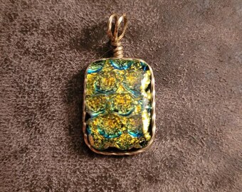 Aqua/Tourquise/Gold Dust Colored, Gold Colored Wire, Handmade Pendant. Free Shipping!