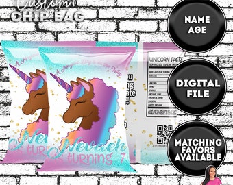 May include: A printable chip bag template featuring a unicorn with a rainbow mane and a pink and blue background. The text "We're turning 7" is included on the bag. The bag is designed for a birthday party.