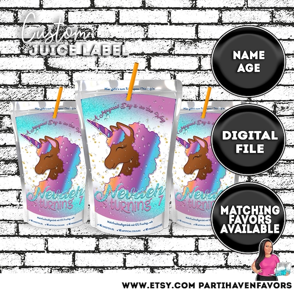 Chocolate Unicorn Juice Pouch Label, Unicorn Party Juice Label, Magical Unicorn Party Juice label, Custom Unicorn Birthday Capri Sun label