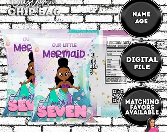 May include: A purple and blue chip bag with a mermaid illustration and the text "Our Little Mermaid" and "Amani is Seven".