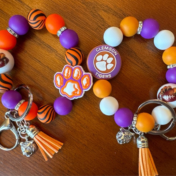 Clemson Tigers Themed Silicone Bead Wristlet/Keychain Wristlet/Silicone Beads/Gift For her/Bubblegum Bead/Clemson