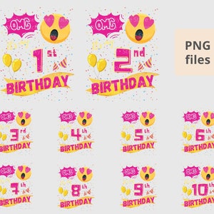 K&ouml;nnte beinhalten: Zehn digitale Illustrationen von Geburtstagsdesigns mit einem gelben Emoji mit Herzen als Augen und den Worten "OMG" in einer rosa Sprechblase. Jedes Design zeigt eine rosa Zahl von 1 bis 10 mit dem Wort "Geburtstag" in einem gelben Banner.