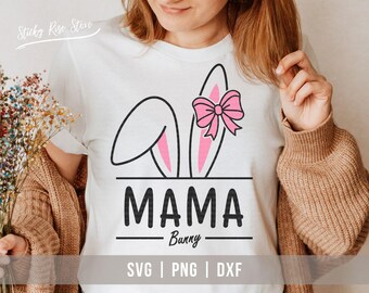 Mama Bunny Svg Png, Easter Bunny Ears with Coquette Bow Svg, Cute Easter Mom Shirt Svg, Happy Easter Svg, Svg Cricut Cut File & Silhouette