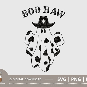 Puede incluir: Dise&ntilde;o digital en blanco y negro de un fantasma con un sombrero de vaquero con el texto "BOO HAW" encima.