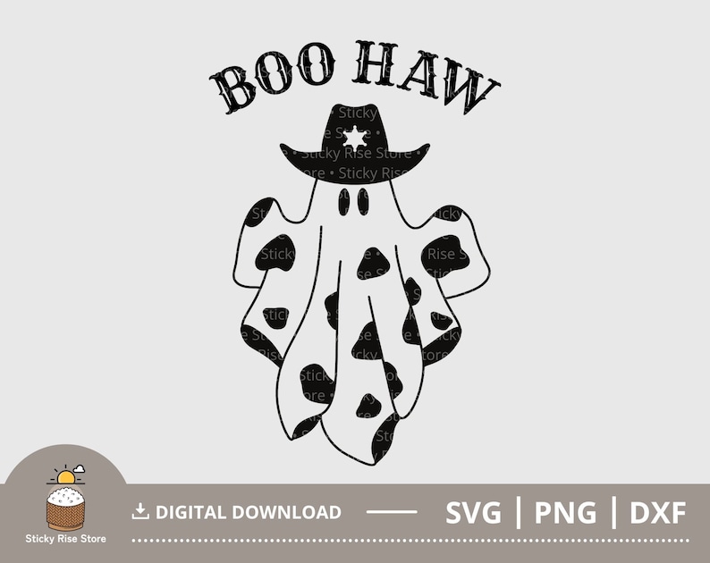 Puede incluir: Dise&ntilde;o digital en blanco y negro de un fantasma con un sombrero de vaquero con el texto "BOO HAW" encima.
