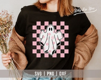 Checkered Daisy Ghost Svg Png, Floral Ghost Svg, Cute Halloween Ghost Svg, Checkered Halloween Shirt, Flower Ghost Svg, Cut File for Cricut