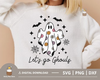 Vamos Ghouls Svg Png, Spooky Season Svg, Daisy Svg, Floral Ghost Svg, Retro Halloween Svg, Png Sublimation Design, Cut File for Cricut