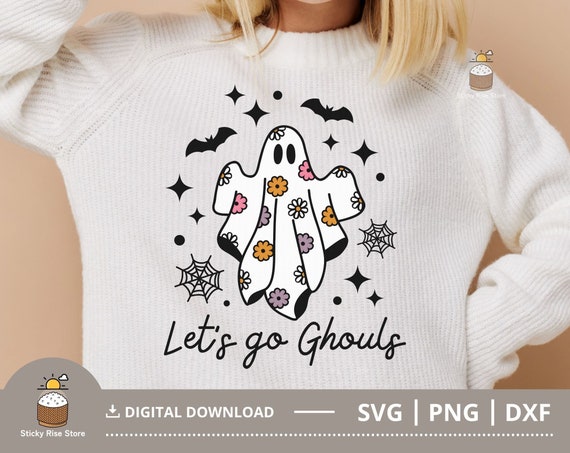 Let's Go Ghouls Svg Png, Spooky Season Svg, Daisy Svg, Floral Ghost Svg, Retro Halloween Svg, Png Sublimation Design, Cut File for Cricut