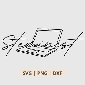 Könnte beinhalten: Eine Schwarzweiß-Zeichnung eines Laptops mit dem Wort "Steminist" in Kursivschrift.