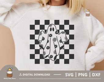 A cuadros Daisy Ghost Svg Png, Floral Ghost Svg, Lindo Halloween Ghost Svg, Camisa de Halloween a cuadros, Flower Ghost Svg, Cortar archivo para Cricut