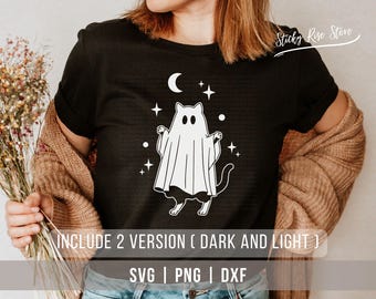 Сute Ghost Cats SVG PNG DXF, Funny Halloween Cat Ghost Png, Ghost Cat Svg, Kitten Cat Lovers Shirt Svg, Spooky Black Cat Svg Cricut Cut File