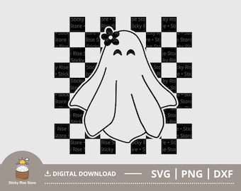 Geruit Ghost Svg Png, Cute Halloween Ghost SVG, Halloween Shirt Design, Ghost Clipart, Flower Ghost Svg, Ghostie Svg, Cut File voor Cricut