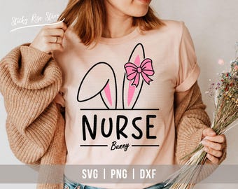 Nurse Bunny Svg Png, Easter Nurse Shirt Svg, Cute Easter Bunny Coquette Bow Svg, Bunny Ears with Face, Happy Easter Svg, Svg Cricut Cut File