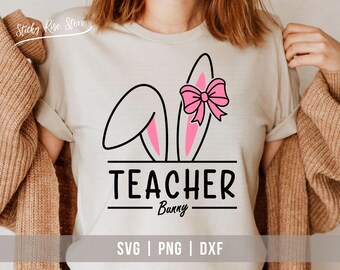 Teacher Bunny Svg Png, Easter Teacher Shirt Svg, Cute Easter Bunny Coquette Bow Svg, Bunny Ears with Face, Happy Easter Svg Cricut Cut File