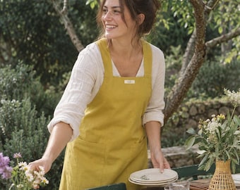 Reversible Linen Apron, Color Block Kitchen & Gardening, Double Layer, Pockets