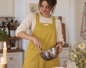 Reversible Linen Apron, Color Block Kitchen & Gardening, Double Layer, Pockets